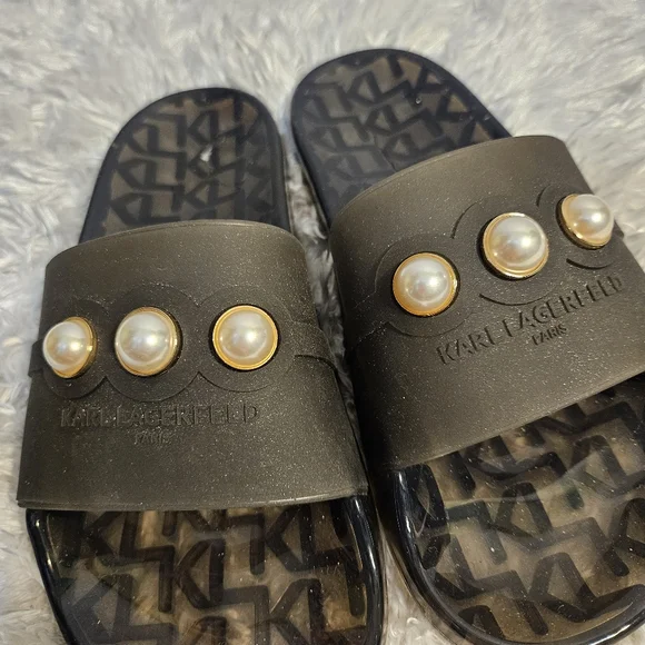 Karl Lagerfeld Paris Black Pearl Embellished Slides‎ Sandals Womens - Picture 2 of 10